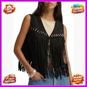 Faux Suede Cowgirl Vest with Fringe Studded Sleeveless V-Neck Top